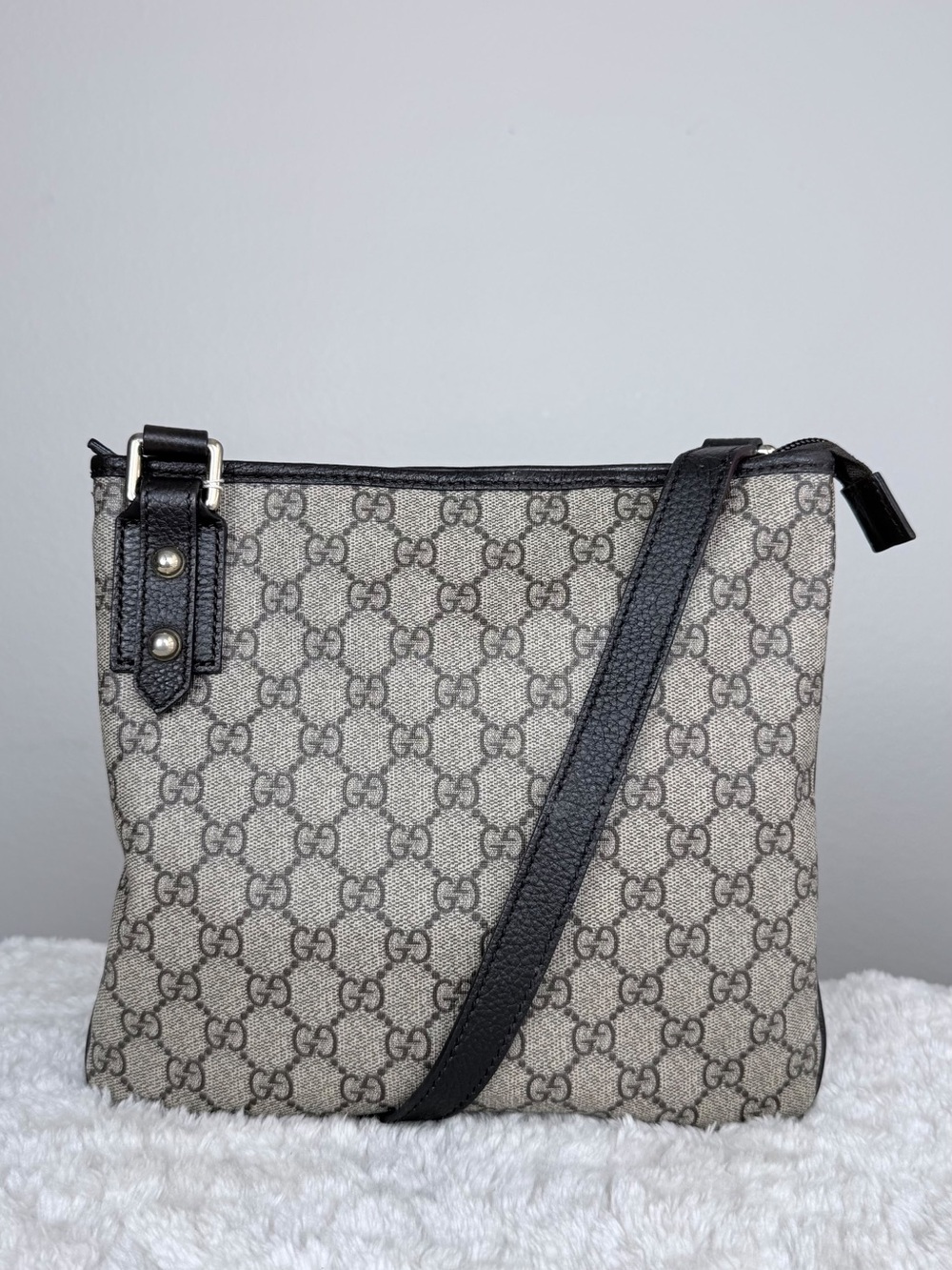 Gucci Flat Beige/Black GG Canvas Crossbody Bag